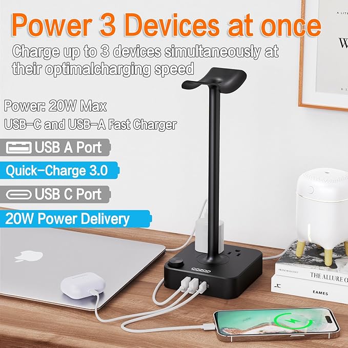 cozoo Headphone Stand with Charger for Desk, Gifts for Gamers Men, Black | Gaming Headset Stand Holder for Desk, 3 USB(1 USB C) and 2 AC Outlets Charging Ports, Headphone Hanger, Gamer Gifts for Men - Image 3
