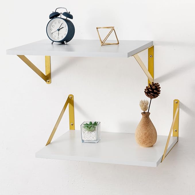 Axeman Deep Floating Shelves for Wall, 12 Inch Deep White and Gold Shelves Set of 2, 16W x 12D White Wood Wall Shelves with Golden Brackets for Bedroom Bathroom Living Room Kitchen - White & Gold by Axeman