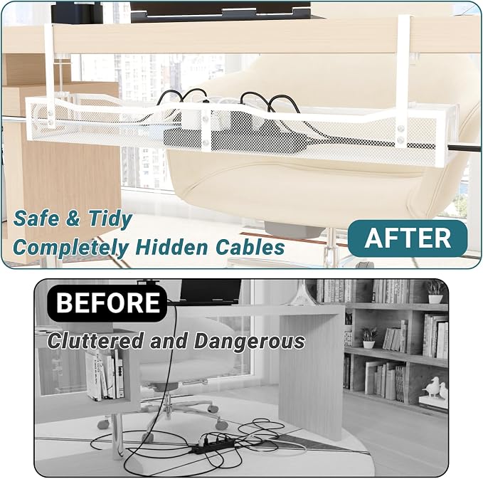Cable Management Under Desk, 25.3'' No Drill Desk Cable Management Tray with Clamp, Metal Cord Organizer for Standing Desk, Computer Wire Management for Home Office & Gaming Setup, White - Image 3