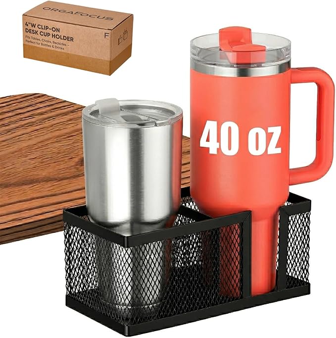 Dual Slots Clip On Metal Desk Cup Holder, Fits up to 40oz cups – No Spill Clamp for Table, Bed, Chair – Large Adjustable Drink Holder for Yeti, Hydro Flask, Starbuck – Mountable Cup Attachment - Black by Unknown
