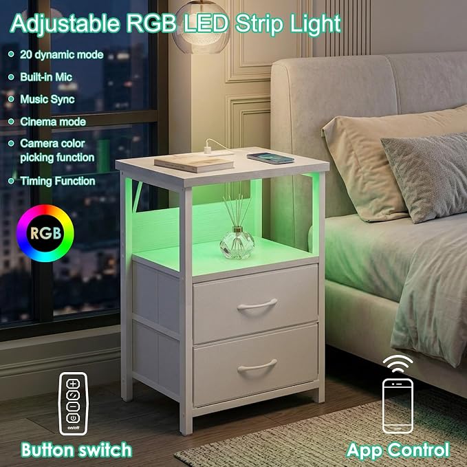Fixwal Night Stand with Charging Station, White Led Nightstand, 2 Drawers - Image 4