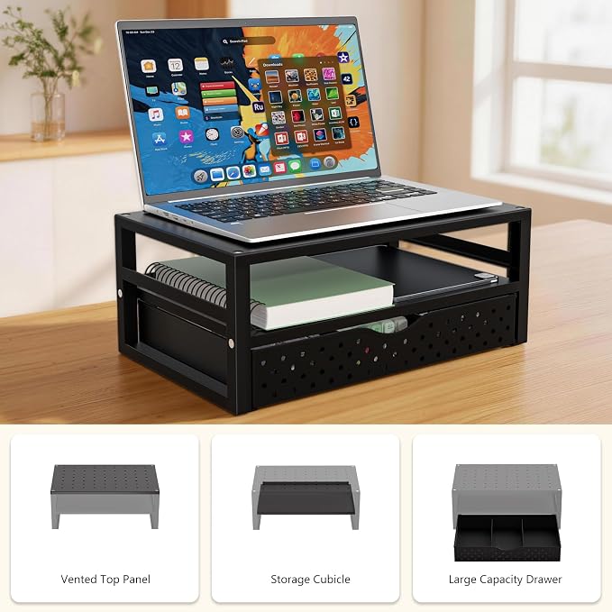 WALI Monitor Stand Riser with Drawer | Desk Organizers and Accessories for Computer, Printer, Laptop Stand for Home Office Supplies, (PTT005-B), 1 Pack, Black - Image 7