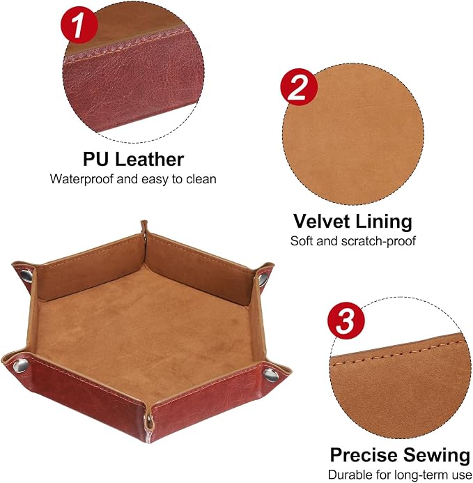 HARFINGTON PU Leather Dice Tray Unisex Valet Tray Folding Hexagon Tray Portable Entryway Table Nightstand Bedside Desk Holder for Key Wallet Watch Coin Jewelry, Brown - Image 4