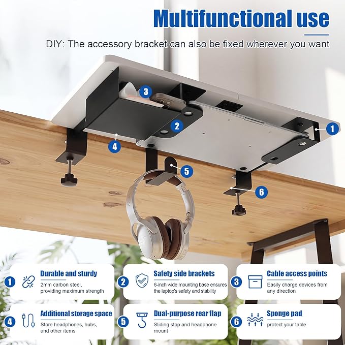 Novabright 24" x 12" Desk Extender Tray with Side Storage Rack Heavy Duty Desk Extender Under Desks Laptop Mount Keyboard Extenders for Desks with a Concealed Storage Area for Cable & Earphone (White) - Image 7