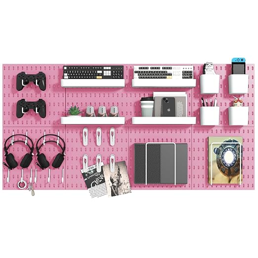 Pegboard Combination Kit, 8 Peg Boards and 30 Accessories Modular Hanging Black Pegboard for Walls, Office Wall Organizer, Keys Holder on Wall, Nursery Storage, 44"x22" Pink by VEOFEMLEA