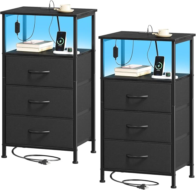 Somdot Nightstands Set of 2 with 3 Drawers, Charging Station & LED Light by Somdot