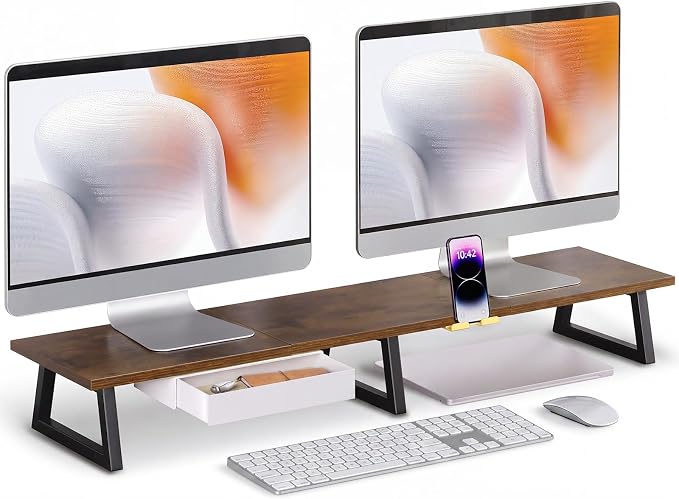 TEAMIX 42 inch Dual Monitor Stand with Storage Drawer & Phone Holder, Brown | Laptop, PC, Printer, TV Stand Riser, Wood & Steel, Holds 300lbs, Keyboard & PS5 Storage underneath, For Home Office & Gaming by TEAMIX