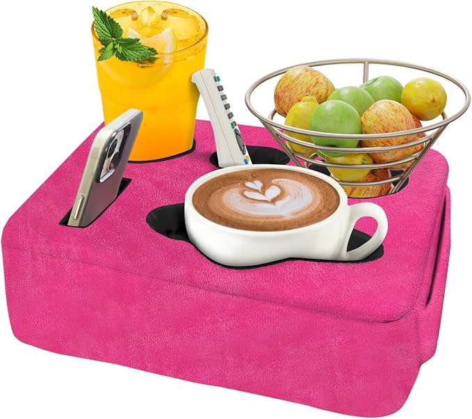 Couch Bed Cup Holder Pillow, Nisdoing 5 Hole Couch Drink Holder! Keep Drinks Hand Side and KeepTemp, Prevent Spills and Use Anywhere. Cup Holder for Couch, Bed,Camping,RV,Car,Beach.Pink by NISDOING