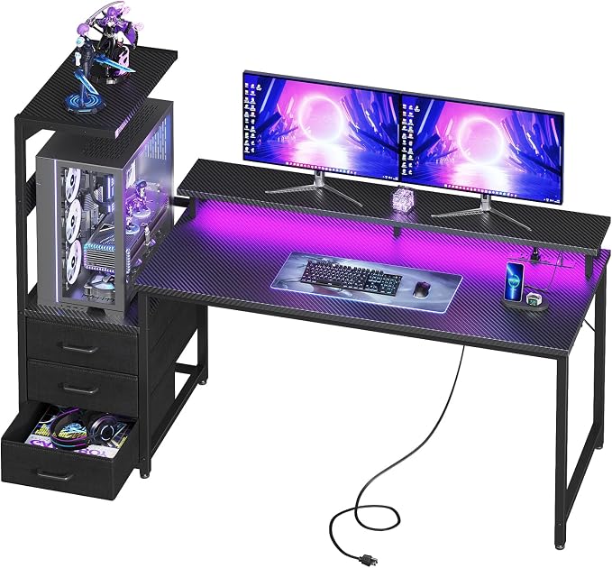 AODK Gaming Desk w/PC Showcase Stand, 59" Reversible, RGB LED, Black by AODK