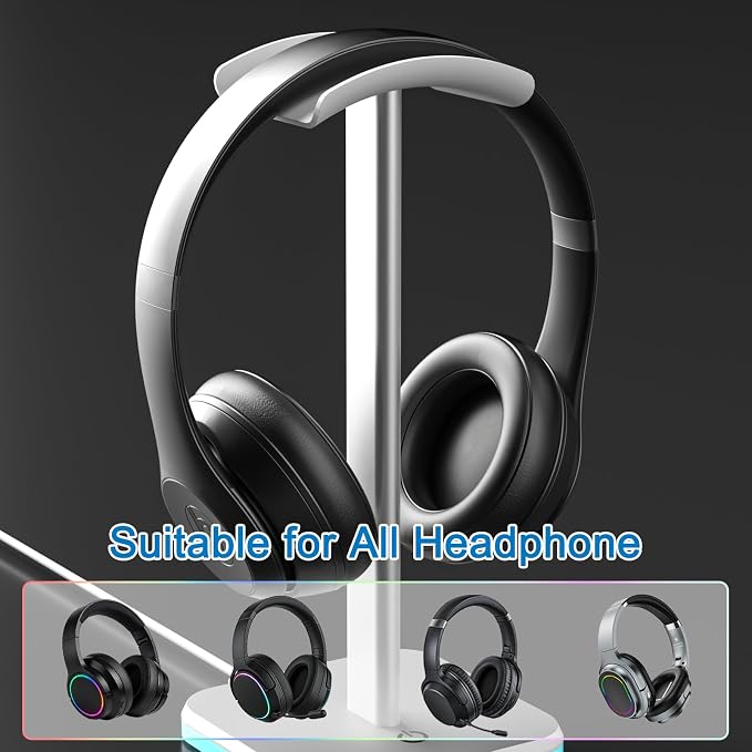 Headphone Stand for Desk - Headset Stand Headphone Holder (RGB-White) | with Aluminum Hanger and Plastic Headrest, headphone holder for AirPods Max, Sony, Bose, Beats and More - Image 5