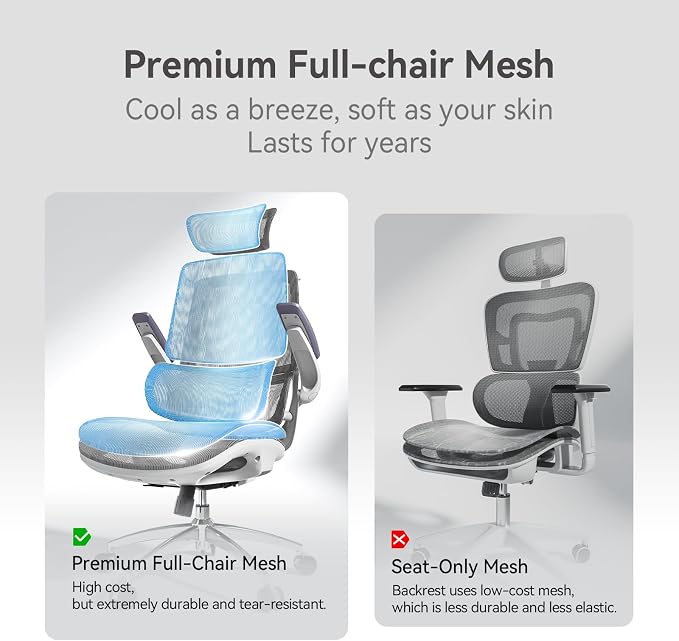 SIHOO M59AS Ergonomic Office Chair, Dual Backrest, Adaptive Lumbar Support | 3D Flip-Up Armrests, FULL Breathable Mesh, Reinforced Aluminum Base, 330 lb, Comfort That Moves With You, Grey - Image 5