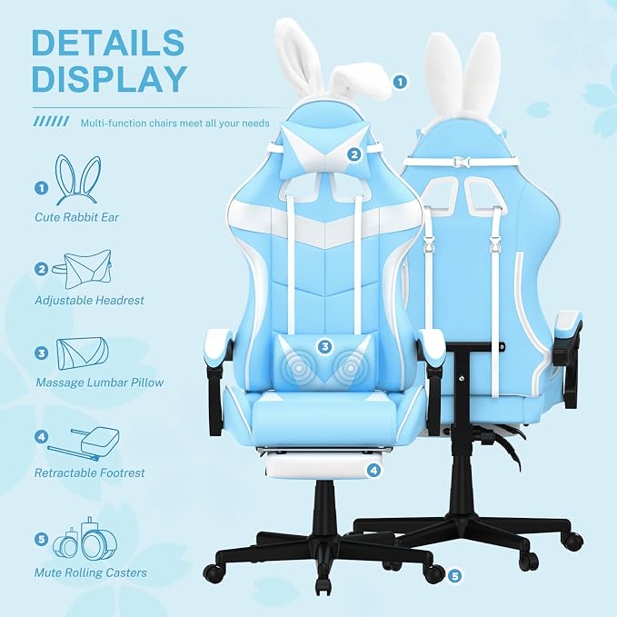 Soontrans Light Blue Gaming Chair with Footrest,Lovely Cute Bunny Computer Gamer Chair,Kawaii Desk Chair for Granddaughter,Sister,Girlfriend,Wife and Love - Image 4