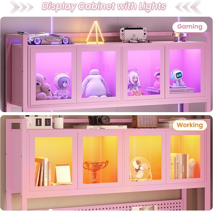 SEDETA L Shaped Gaming Corner Desk with Drawers, Hutch and Storage Shelves | Reversible L Shaped Computer Desk, Gaming Desk with Pegboard, Led Lights, and Power Outlet for Home Office, Small Space, Pink - Image 3