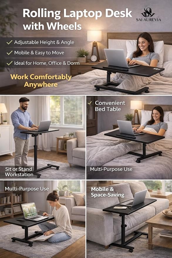 Rolling Laptop Desk with Wheels, Adjustable Height Bed Table for Sofa & Couch, Portable Mobile Workstation, Lockable Wheels, Compact Desk for Small Spaces, Home Office & Study - Image 5