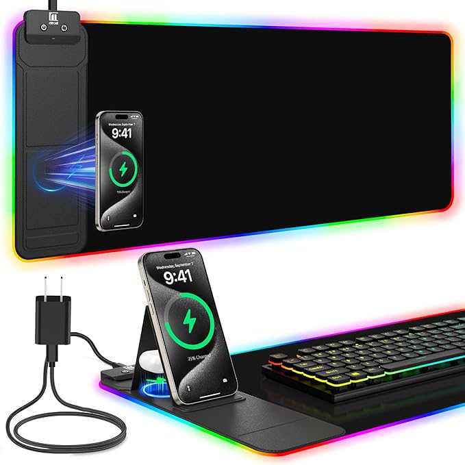Mouse Pad with Foldable Phone Holder & Wireless Charger, XL RGB Gaming Mousepad 31.5"x11.8" Large Desk Mat for Keyboard, Home Desk Pad with Dual Qi Charging Station | 11 Colors & 5 Modes | Waterproof by miroddi