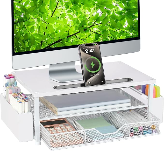 AUPSEN White Monitor Stand Riser, 2-Tier Wood Computer Desk Organizer with Drawer, Pen Storage & Phone Holder, Office Desk Accessories Desktop Organizer for Office Supplies (White) by AUPSEN