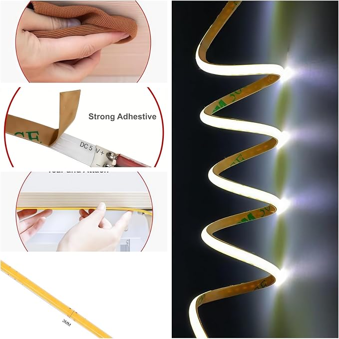 3mm Ultra-Narrow 5V USB COB LED Strip Self-Adhesive for Cabinet Gap Gaming Desk Decor (6000k Cool White, 6t) - Image 3