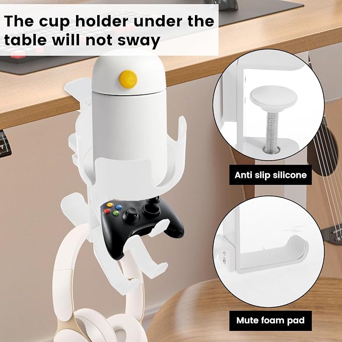 4 in 1 Desk Cup Holder with Headphone Hanger and Controller Stand Gaming Accessories, Under Desk Clamp Rotatable Headset Holder,Adjustable&Rotating Upgraded Arm Clamp,Desk Controller Holder (White) - Image 6