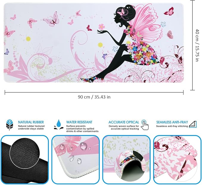 iCasso Extended Gaming Mouse Pad 35.4x15.7in,Game,Home,Butterfly Girl | Non-Slip Rubber Base Mousepad with Stitched Edges,Waterproof Keyboard Mouse Mat Desk Pad for Work Office - Image 2