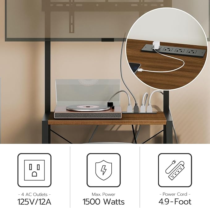HOOBRO Rolling TV Stand with Mount and Power Outlet Up to 55 inch TV, Corner Entertainment Center, Small TV Stand with 3-Tier Storage Shelves for Living Room, Bedroom, Black and Walnut BH66UDS01 - Image 4
