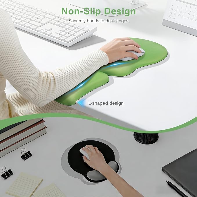 Ospelelf Mouse Pad with Wrist Rest Set Foam L-Shaped Desk Elbow Pad Ergonomic Desk Edge Cushion Anti-Slip Rubber Bottom Office Women Desk Accessories for Computer, Laptop and Gaming, Dark Green - Image 5
