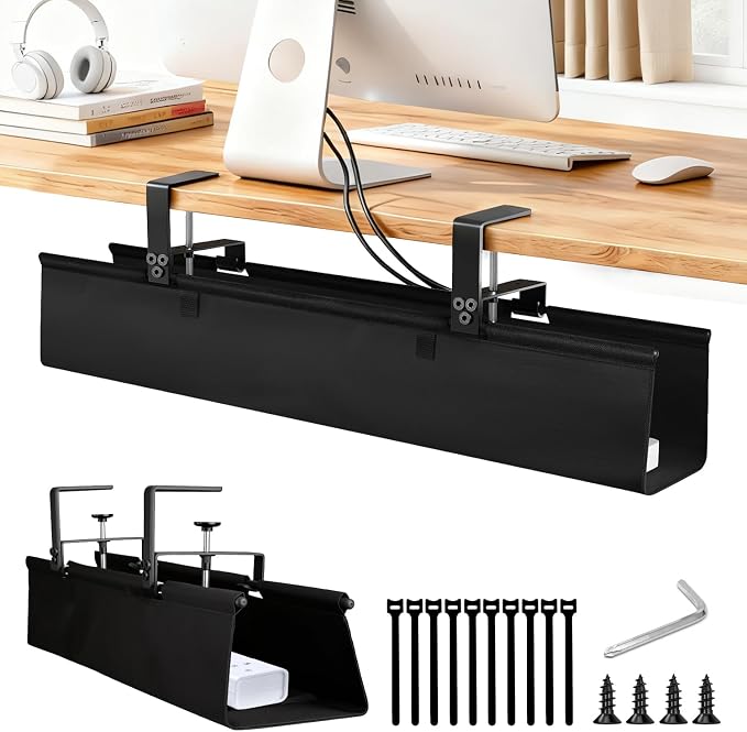Under Desk Cable Management Tray - Heavy Duty No-Drill Clamp & Screw Mount, 28-Inch Cord Organizer for Home Office, Gaming Setup & Study Room, Holds Power Strip & Large Adapters (Black, 28"L x 5.5"W) by OFASIZEN