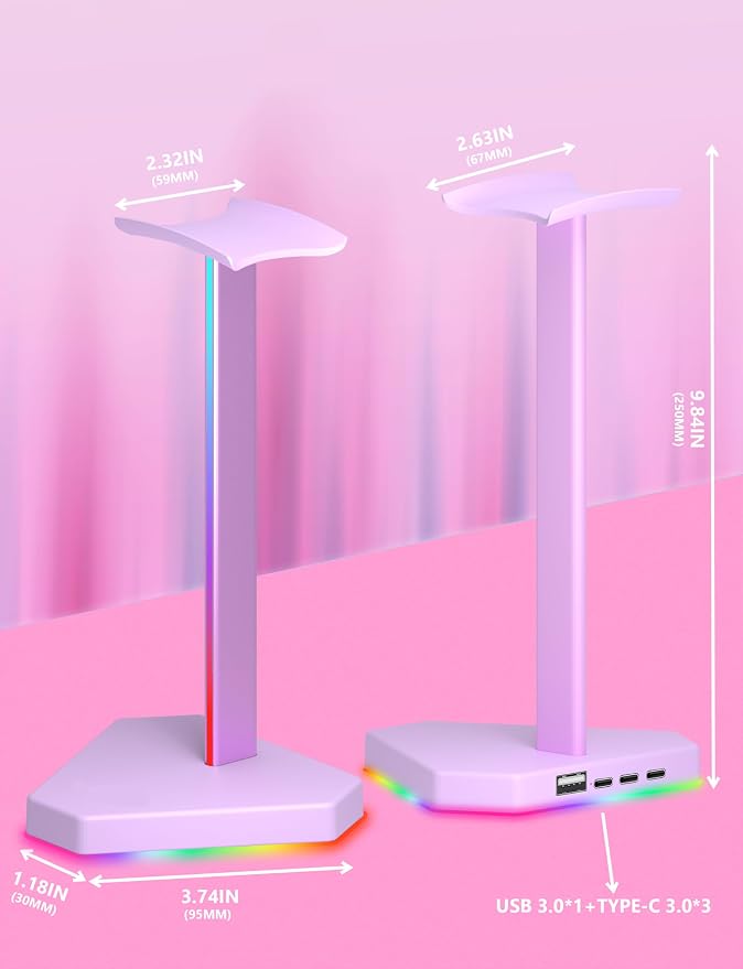 RGB Headphones Stand with 1 USB-C Data Transmission& 3 Type-C Charging Port, Desk Gaming Headset Holder with 7 Light Modes and Non-Slip Rubber Base (Purple) - Image 6