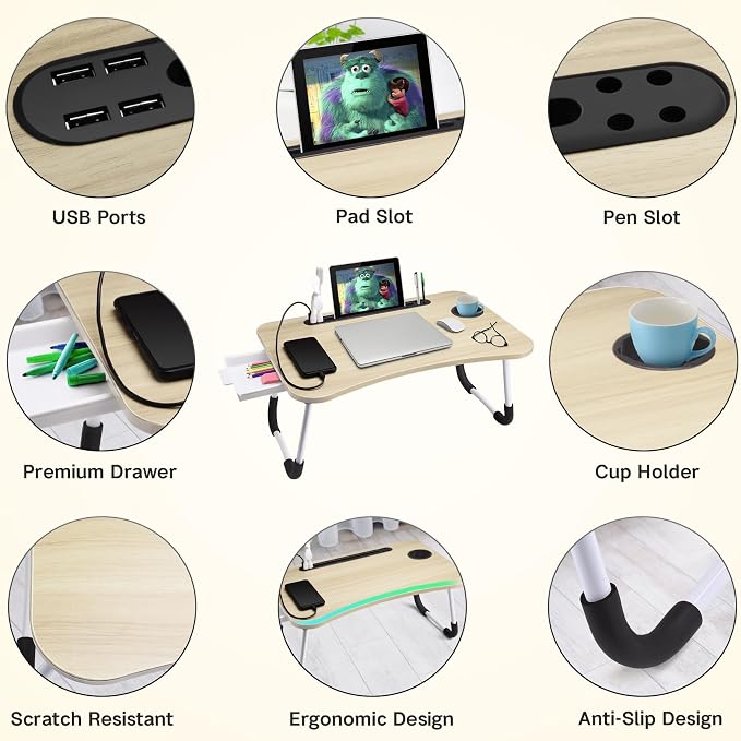 Slendor Bed Desk for Laptop and Writing with Storage, Cup Holder, Light - Image 5