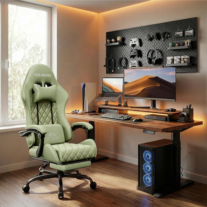 HLDIRECT Massage Recliner Gaming Chair with Footrest for Adults, Green | 300lbs Capacity, Ergonomic Office Computer Chair, Lumbar Support, Breathable Fabric, Headrest, 360° Swivel, Metal Frame - Image 2