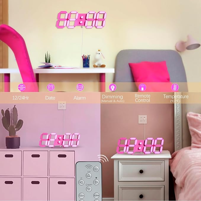 KOSUMOSU Pink LED Clock 3D Wall Clock 9.7" Table Clock for Living Room Modern Digital Clock for Bedroom Aesthetic Bedside Desk Clock with Remote/Dimming/12/24H/Temp/Alarm Clock/Date - Image 6