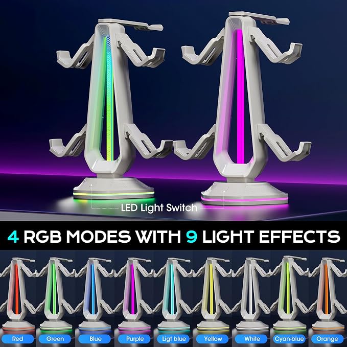 Saitake RGB Controller Stand with 9 Light Modes,Controller Holder with 2 USB Ports,Headset Stand for Desk-Headphone Holder Suitable for All Headphones and Controller (White) - Image 5