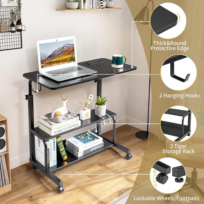 Karl home 31.5" Portable Rolling C-Shaped Computer Desk on Wheels, Black - Image 7