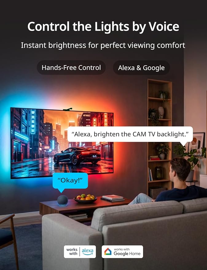 Ailofy TV Backlight with Camera for 40-50" TVs, 7.87ft LED Strip Lights, Real-Time Full-Screen Sync for Movies, Gaming & Music, Smart Bias Lighting, Works with Alexa & Google Assistant, App Control - Image 2