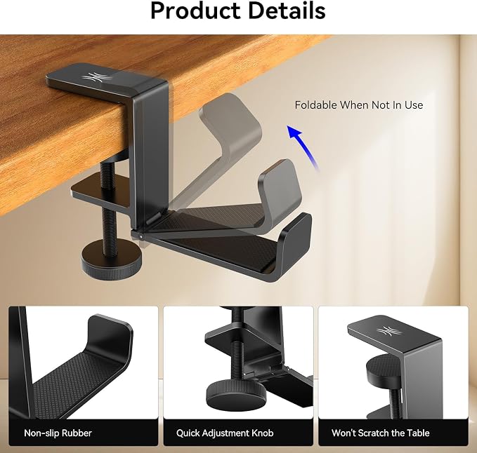 OneOdio MTL99 Foldable Headphone Stand, Metal Headset Holder Space-Saving Table Hook, Clamp-on Under Desk Hanger, Universal Fit Gaming Headphones Mount, Black - Image 4