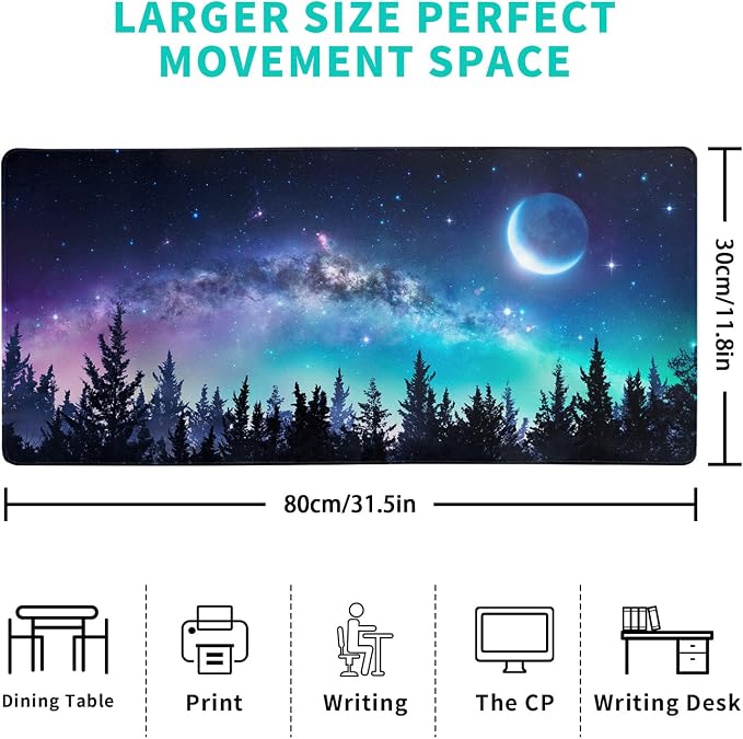 Extended Gaming Mouse Pad, XL Large Keyboard Mouse Mat Desk Pad, Stitched Edges Mousepad, 3mm Thick Long Non-Slip Rubber Base Mice Pad, 31.5 X 11.8 Inch, Forest Moon Galaxy - Image 2