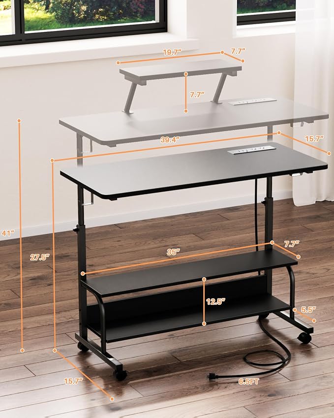 Height Adjustable Standing Desk with Power Outlets and LED Lights - 39" Manual Stand Up Desk with Monitor Stand and Storage Shelves Small Mobile Rolling Computer Desk Portable Laptop Table, Black - Image 3