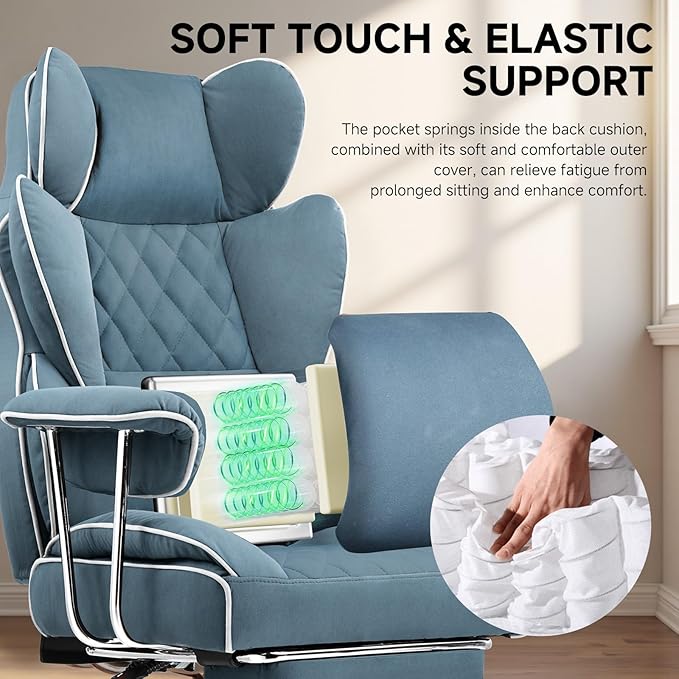 COMHOMA Big and Tall Gaming Chair with Pocket Spring Lumbar Support, Ergonomic Office Chair with Footrest, Executive Desk Chair with Outward Fixed Soft Armrests, Computer Chair with High Back, Blue - Image 4