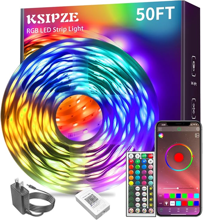 KSIPZE Led Lights for Bedroom 50ft Led Strip Lights with Remote App Control by KSIPZE