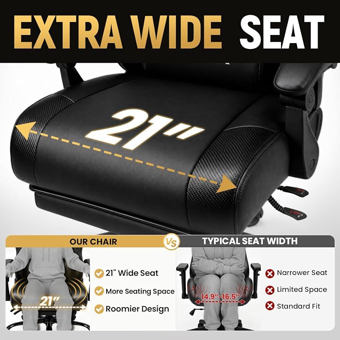 Video Gaming Chair for Adults with Footrest, Ergonomic Computer Chair,Black | 21-Inch Wide Seat, 330 lb Heavy Duty Load Capacity, Headrest, Adjustable Height, Reclining Backrest for Office or Gaming - Image 4