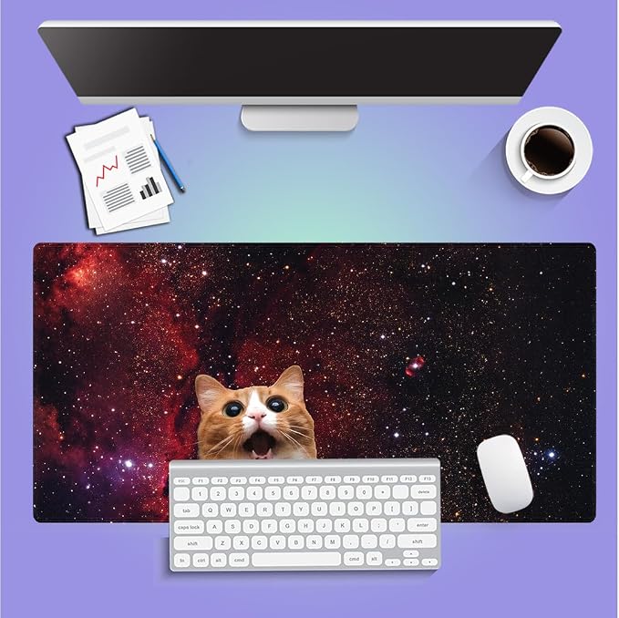 Surprised Orange Tabby Cat Large Mouse Pad, Red Galaxy Nebula Art Desk Mat | Keyboard Mat Stitched, 31.5" x 15.8", Funny Space Kitten, Cosmic Starry Sky, Shocked Ginger Kitty With Open Mouth, Fantasy - Image 6