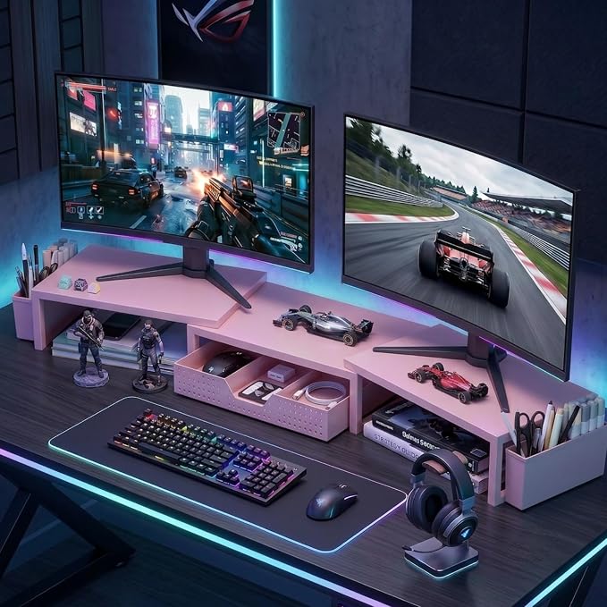 OPNICE Desk Organizers and Accessories, Dual Monitor Stand Riser with Drawer and 2 Pen Holders, Desk Shelf Computer Racks for Office Workspace Organizers, Desktop Organization (Pink) - Image 7