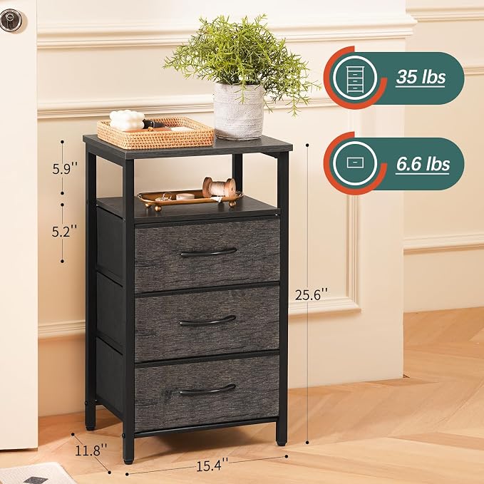 Yoobure Night Stand with Charging Station, 3 Fabric Drawers Nightstand, Bedside Tables with Storage Shelf, End Table with 16 Colors LED, Small Dresser for Small Space, Gray - Image 3