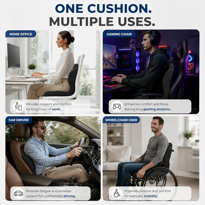 L-Shaped Ergonomic Seat Cushion with Lumbar Support for Office Chair Black | Memory Foam Orthopedic Cushion with Coccyx Hollow, Tailbone Pain Relief for Car, Truck, Gaming Chair, Travel - Image 6