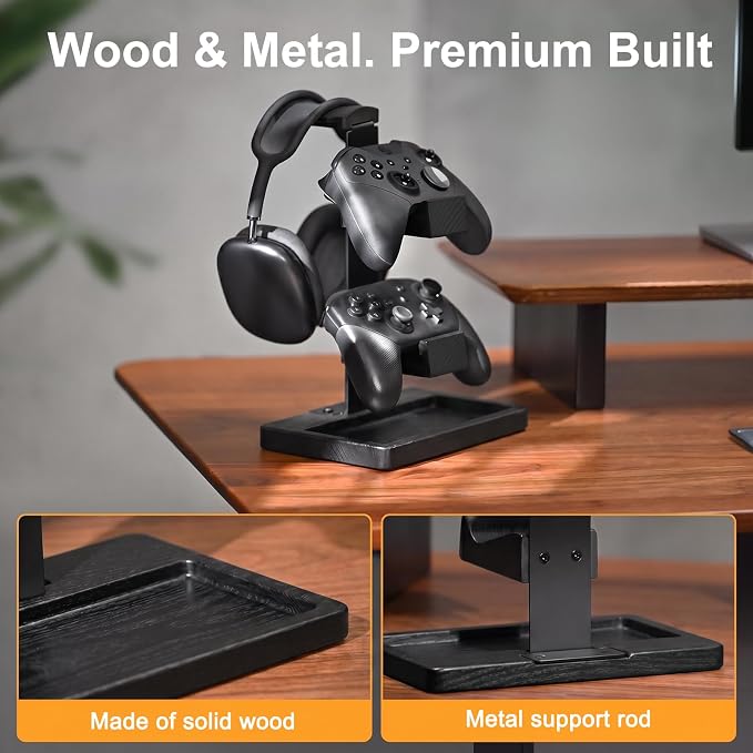Solid Wood Controller Holder and Headphone Stand, Controller Stand for Desk | Dual Gaming Controller Organizer Rack, Fits Xbox, PS4, PS5, Gamepad, Headset Holder for Son, Husband, Boyfriend-Black - Image 3