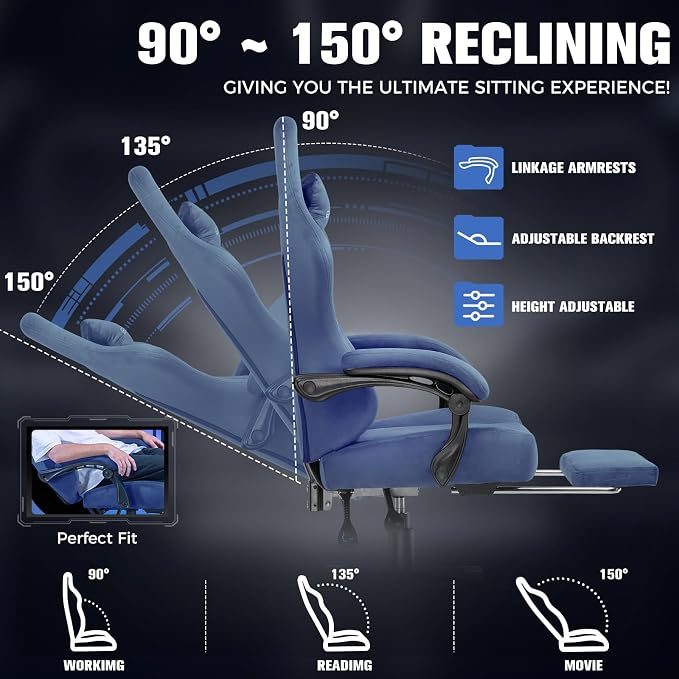 GTPLAYER Big and Tall Gaming Chair 400lbs Heavy Duty Office Chair with Foot Rest, High Back Pocket Spring Ergonomic Computer Chair for Adults, Wide Comfy Seated Cushion with Linkage Armrests, Blue - Image 7