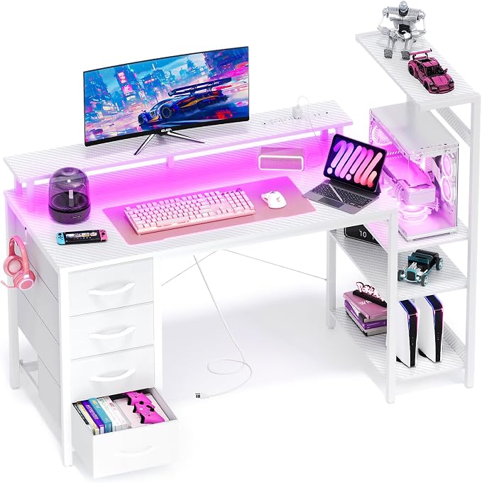 51 Inch Gaming Desk with Drawers & PC Tower Stand & LED Lights, White - Image 9