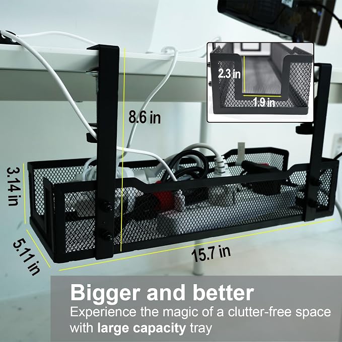 No Drill Under Desk Cable Management Tray with clamp-Premium Wire Tray Cord Organizer – Thin Steel Cable Tray Basket with Charger Holder for Desk–Black Cable Management Box–Easy to Install - Image 3
