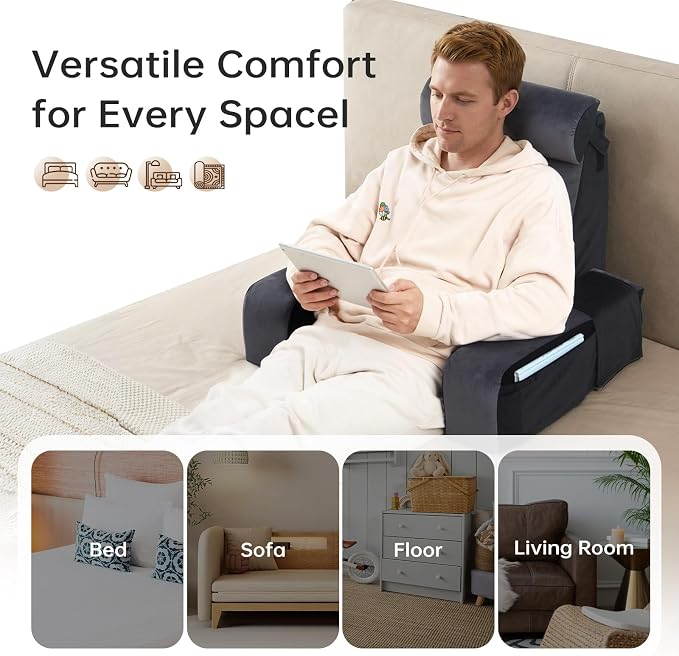 Vekkia 21" Reading Pillow for Bed with XL Side Pockets for Adult | 60° Wedge Back Support, Adjustable Arms,Washable Cover,Support for TV,Gaming,Working,Nursing,Recovery in Bed&Floor,Black/Gray - Image 7