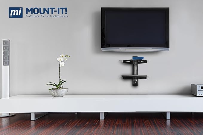 Mount-It! 2-Tier Floating TV Shelf, Tempered Glass, Wall Mount, Black - Image 2