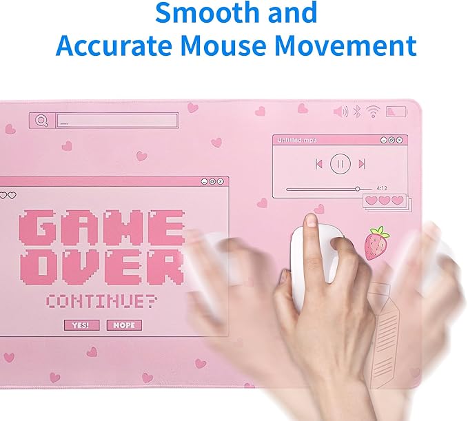 Pink Gaming Mouse Pad 27.6x11.8 Inch Pastel Game Over Large Mousepad Kawaii Office Decor for Women Non-Slip Rubber Base Stitched Edges Keyboard Mouse Mat Desk Pad for Office Home and Game - Image 7